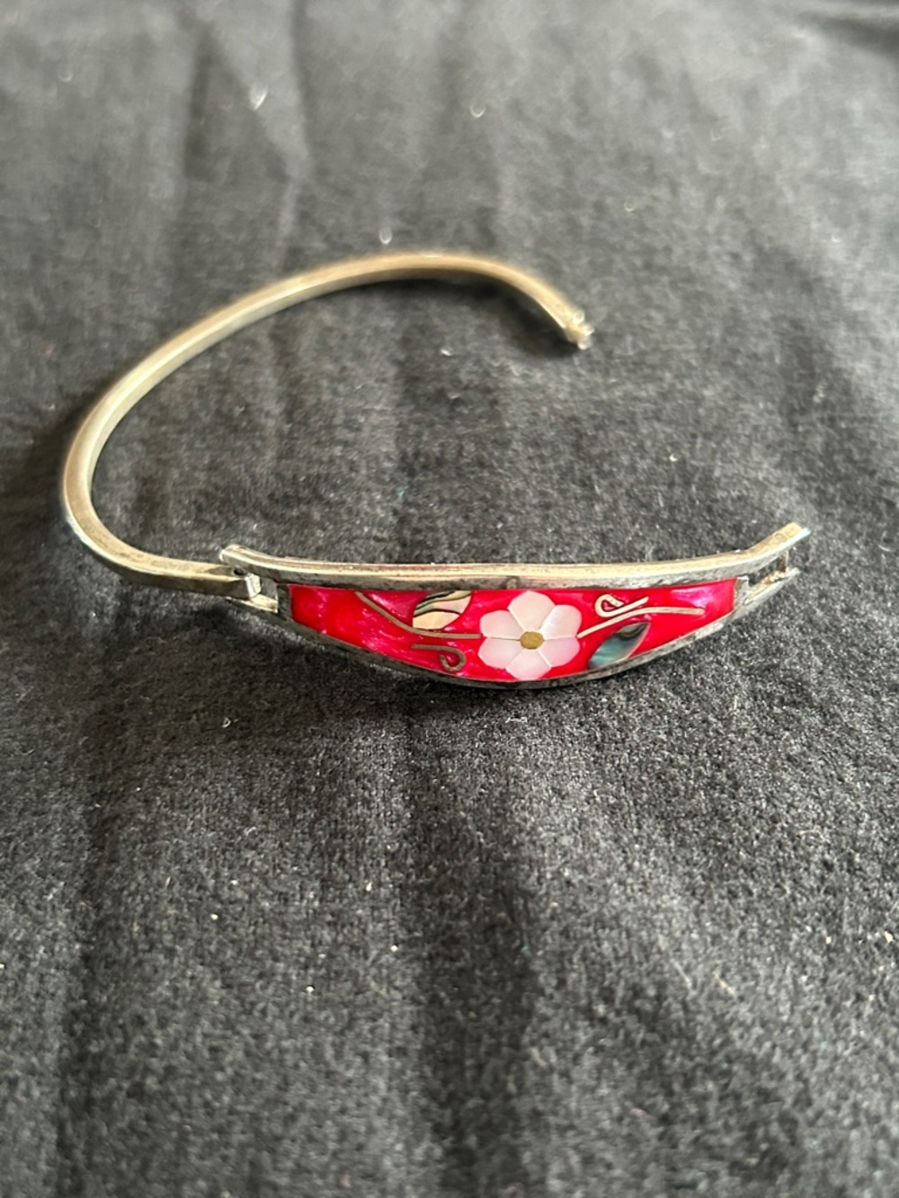 Red Floral Enamel Bangle Bracelet - Women Jewelry Silverplated or 925 Mexico - Picture 6 of 9